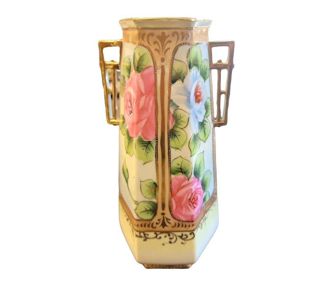 Vintage Japanese Handpainted With Roses Vase 12 Tall Shabby Chic Vase ...