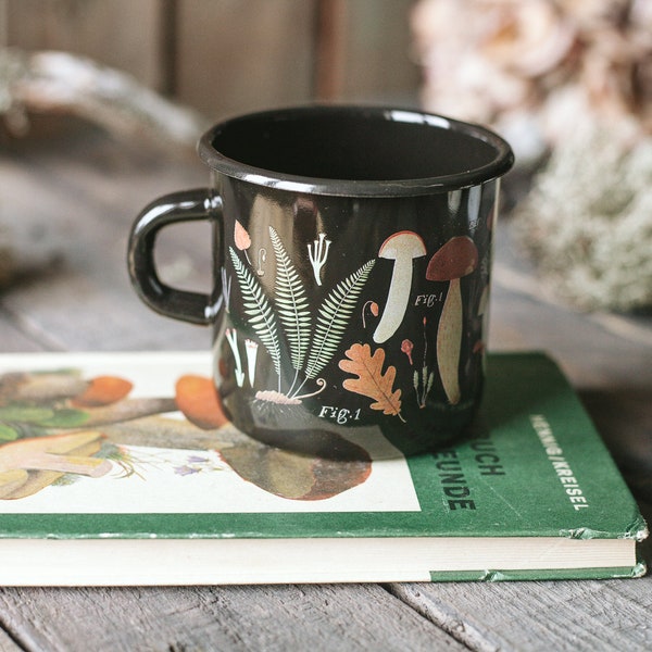 Black Forest enamel camping mug, mushrooms and moss woodland design, metal travel mug, campfire safe