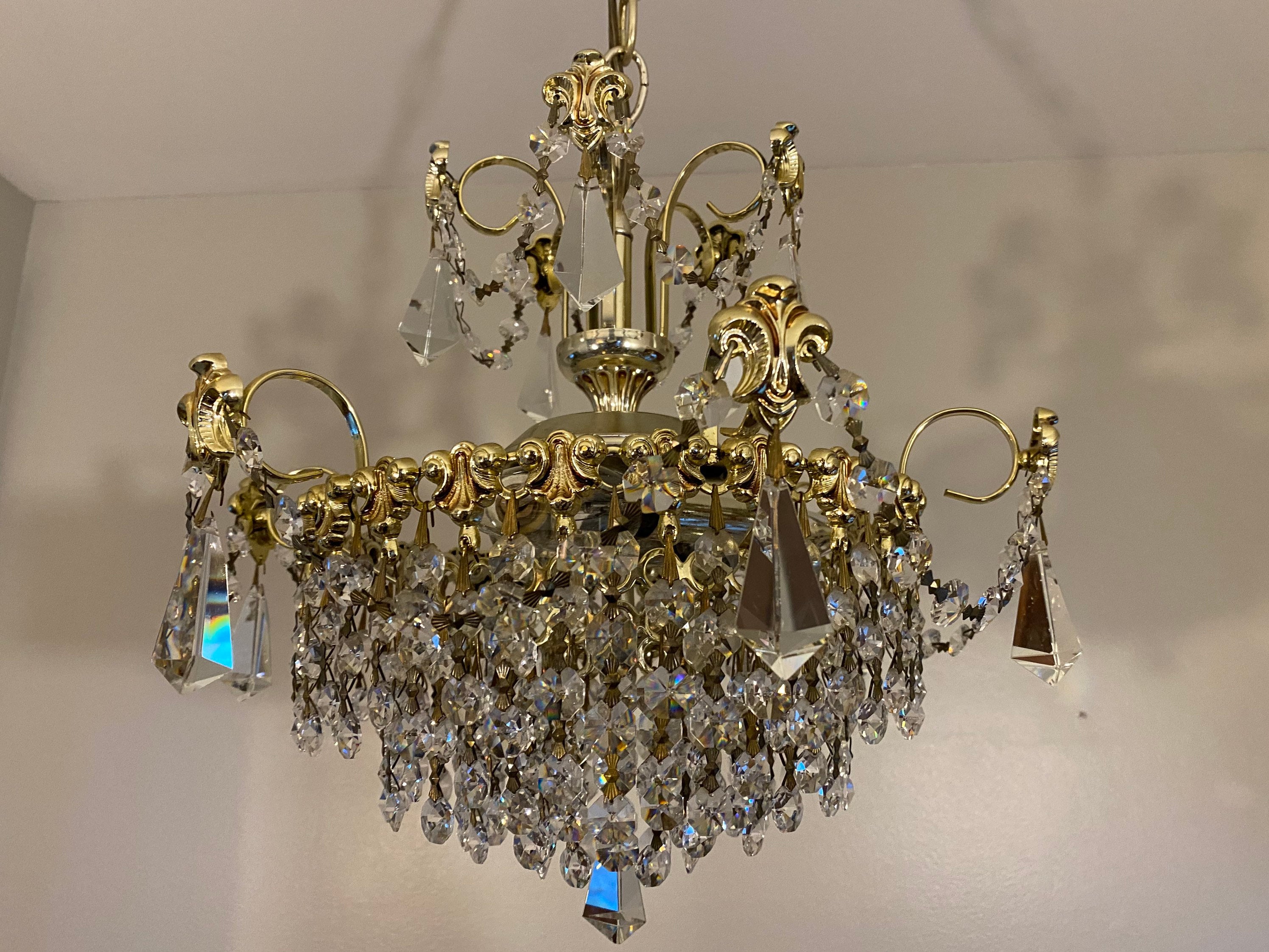 Vintage Schonbek Crystal and Polished Brass Three Lights