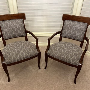 Beautiful Pair Of Guy Chaddock & Co. Hand Distressed Solid Wood Upholstered Dining Armchairs