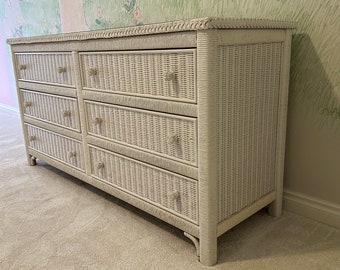 1986 Henry Link Vintage White Wicker Six (6) Drawer Double Dresser