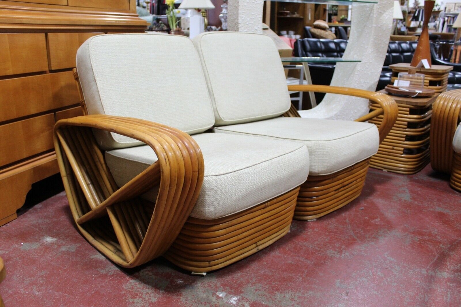 Paul Frankl Pretzel Sofa Sectional Loveseat Rattan Bamboo Mid