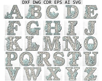 Puede incluir: Un conjunto de 26 letras decorativas del alfabeto en estilo vintage con intrincados diseños florales. Las letras son en blanco y negro con un acento azul claro. Las letras están dispuestas en orden alfabético.