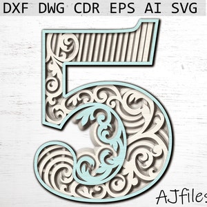Gelaagde nummer 5, Laser Cut Mandala Number, Numbers SVG voor Cricut, Digital File Download, Alphabet Letters svg, 3d letters svg, 3d numbers