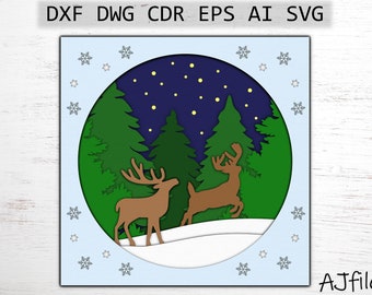 May include: A digital cut file design featuring two deer standing in a snowy forest with a starry night sky. The design is perfect for creating a layered paper craft project.