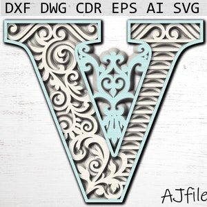 Arquivo Digital Letra V, Letra V em camadas, Letra em camada svg, Letras do alfabeto svg, Letra floral svg, Letras 3d svg, Mandala em camadas svg