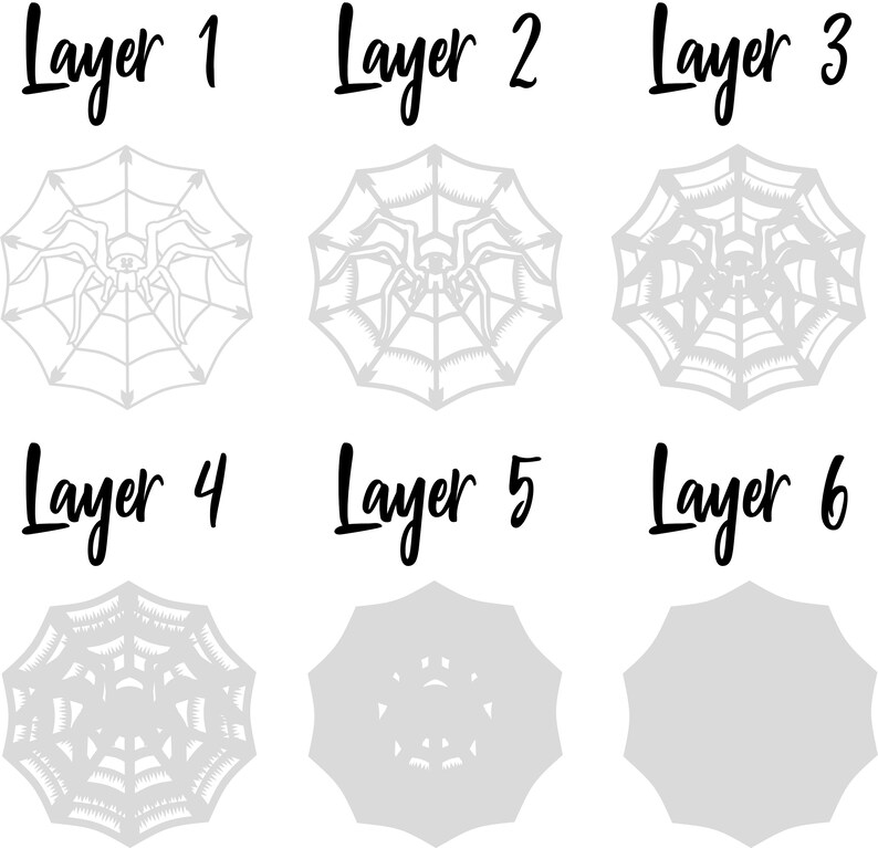 May include: Six layers of a spider web design with a spider in the center. The layers are numbered 1 through 6. The spider web is gray and the spider is black.