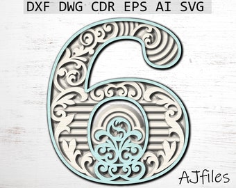 Layered Number 6, Laser Cut Mandala Number, Numbers SVG for Cricut, Digital File Download, Alphabet Letters svg, 3d letters svg, 3d numbers