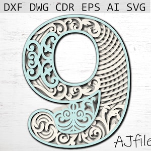 Gelaagde nummer 9, Laser Cut Mandala Number, Numbers SVG voor Cricut, Cricut Files, Alphabet Letters svg, 3d letters svg, 3d numbers