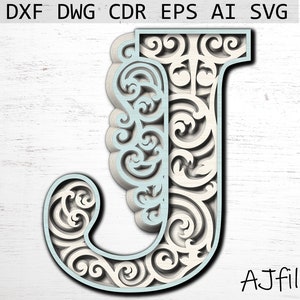 Carta J Archivo digital, archivo de corte láser, descarga de archivos digitales, letras del alfabeto svg, archivos de corte para cricut, archivos dxf, archivo láser multicapa