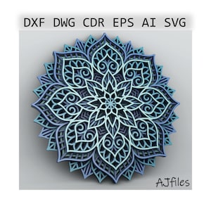 May include: A layered, three-dimensional mandala design in shades of blue and teal. The intricate pattern features floral and geometric shapes, with the text "DXF DWG CDR EPS AI SVG" at the top and "AJfiles" at the bottom.