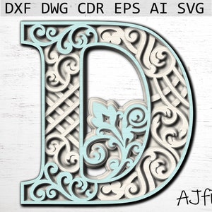 Carta D Archivo digital, archivo de corte láser, letras iniciales svg, letras del alfabeto svg, archivos para cricut, 3d letras svg, archivo láser multicapa