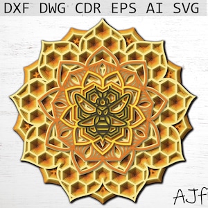 Honig Biene Svg, Mandala-Datei, Laser geschnitten Datei, digitale Datei herunterladen, Mandala Svg, Bienenstock Svg, Cricut-Dateien, Multilayer-Datei, Waben Svg