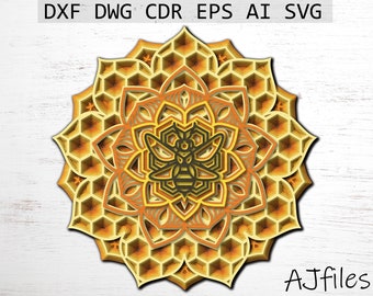 Honey Bee Mandala SVG: Laser Cut File, Multilayer Honeycomb (Digital Download)