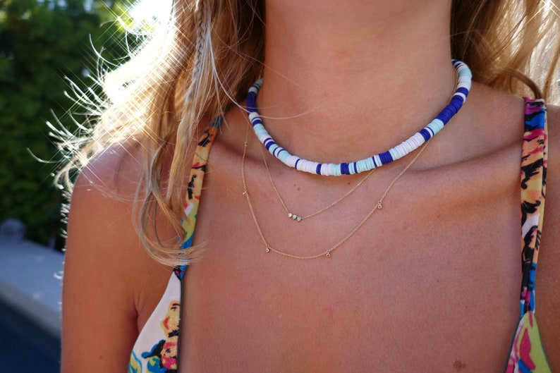 trendy choker 6mm heishi bead waterproof choker blue toned periwinkle, navy, teal, white bead necklace surfer necklace