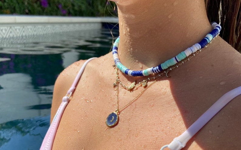 trendy choker 6mm heishi bead waterproof choker blue toned periwinkle, navy, teal, white bead necklace surfer necklace