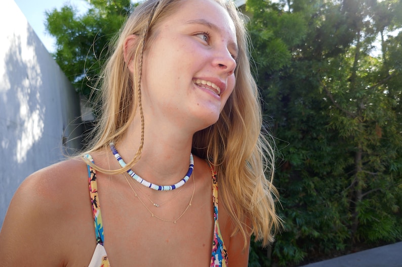 trendy choker 6mm heishi bead waterproof choker blue toned periwinkle, navy, teal, white bead necklace surfer necklace
