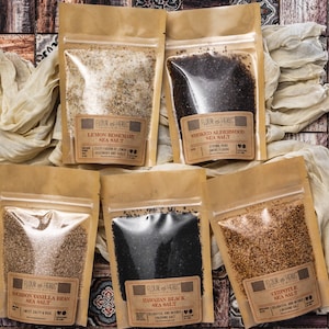 Sea Salt Collection of Five Sea Salts, Chipotle, Alderwood Smoked, Black Lava, Lemon Rosemary and Vanilla Sea Salt, Gift Set, Sea Salt