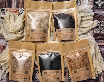 Sea Salt Collection of Five Sea Salts, Chipotle, Alderwood Smoked, Black Lava, Lemon Rosemary and Vanilla Sea Salt, Gift Set, Sea Salt