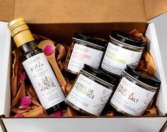 Mediterranean Extra Virgin Olive Oil & Spices, Gift Box, Personlaized Label, Truffle Spice Salt, Italian Seasoning, Pickling Spice