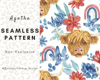 Fourth of July Floral Highland Cow seamless pattern, Patriotic Floral Fabric design, Independence Day digital file, red white & blue flowers