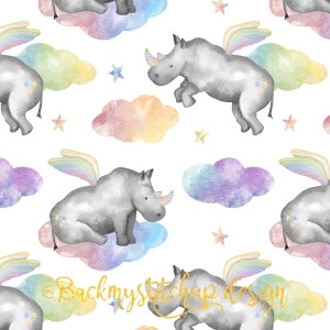 May include: A seamless pattern featuring watercolour illustrations of grey rhinoceroses with rainbow wings, flying on colourful clouds with gold stars.