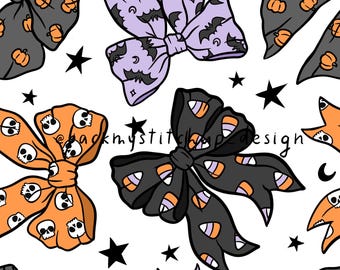 Halloween Coquette Bows Seamless Pattern, cute Girls Halloween Hair Bow surface design with pumpkins, candy corn and bats, digital paper