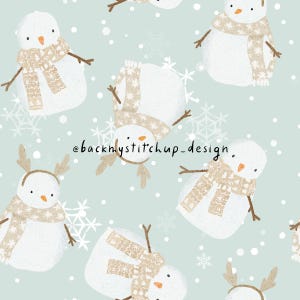 May include: A seamless pattern featuring a repeating design of snowmen wearing scarves and hats on a light blue background with white snowflakes. The snowmen are in various poses, some with antlers, and some with a simple round head. The pattern is perfect for winter-themed crafts and projects.