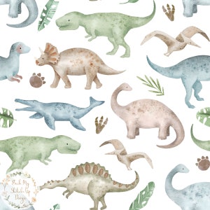 May include: A seamless pattern featuring watercolor illustrations of various dinosaurs, including a T-Rex, Triceratops, Stegosaurus, and a Plesiosaur. The pattern also includes footprints, leaves, and a flying Pterodactyl. The background is white.