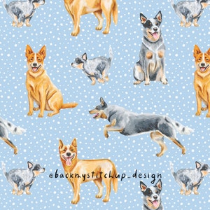 Blau Heeler Hund Nahtloses Muster, Rot Heeler Oberflächenmuster, Australian Shepherd digitales Papier, Aussie Kelpie Stoffdesign