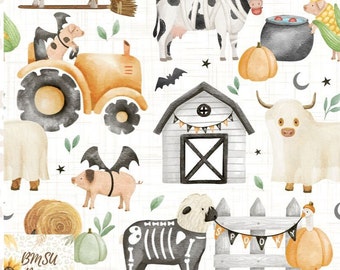 Halloween Farm Seamless Pattern, Spooky Farm Animal Seamless File, Halloween Pumpkin Vampire MummySkeleton digital paper, Farm Fabric design