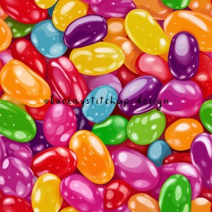 May include: A seamless pattern of colourful jelly beans in various shades of red, orange, yellow, green, blue, purple, and pink. The jelly beans are arranged in a random pattern, creating a fun and festive design.