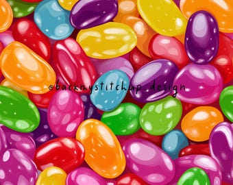 Könnte beinhalten: Ein nahtloses Muster aus bunten Gummibärchen in verschiedenen Farbtönen von Rot, Orange, Gelb, Grün, Blau, Lila und Rosa. Die Gummibärchen sind in einem zufälligen Muster angeordnet und erzeugen ein lustiges und festliches Design.