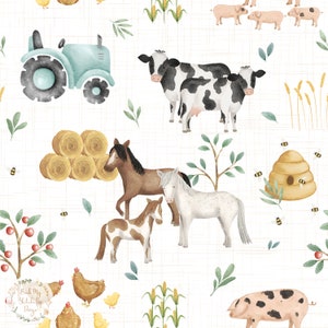 Könnte beinhalten: Eine Aquarell-Illustration einer Farm-Szene mit einem blauen Traktor, Kühen, Pferden, Schweinen, Hühnern und einem Bienenstock. Der Hintergrund ist ein weißes Gittermuster.