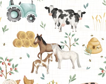 Farm By Numbers Seamless Pattern, Farm Animal Seamless File, Cow Tractor Seamless Fabric design, Horse Seamless Pattern digital paper