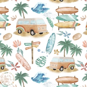 May include: A seamless pattern featuring a vintage van, palm trees, surfboards, and ocean waves in a watercolor style. The pattern includes the words "Surf Wax", "West Coast", "Surf Shack", and "East Coast Park", along with other beach-themed elements.
