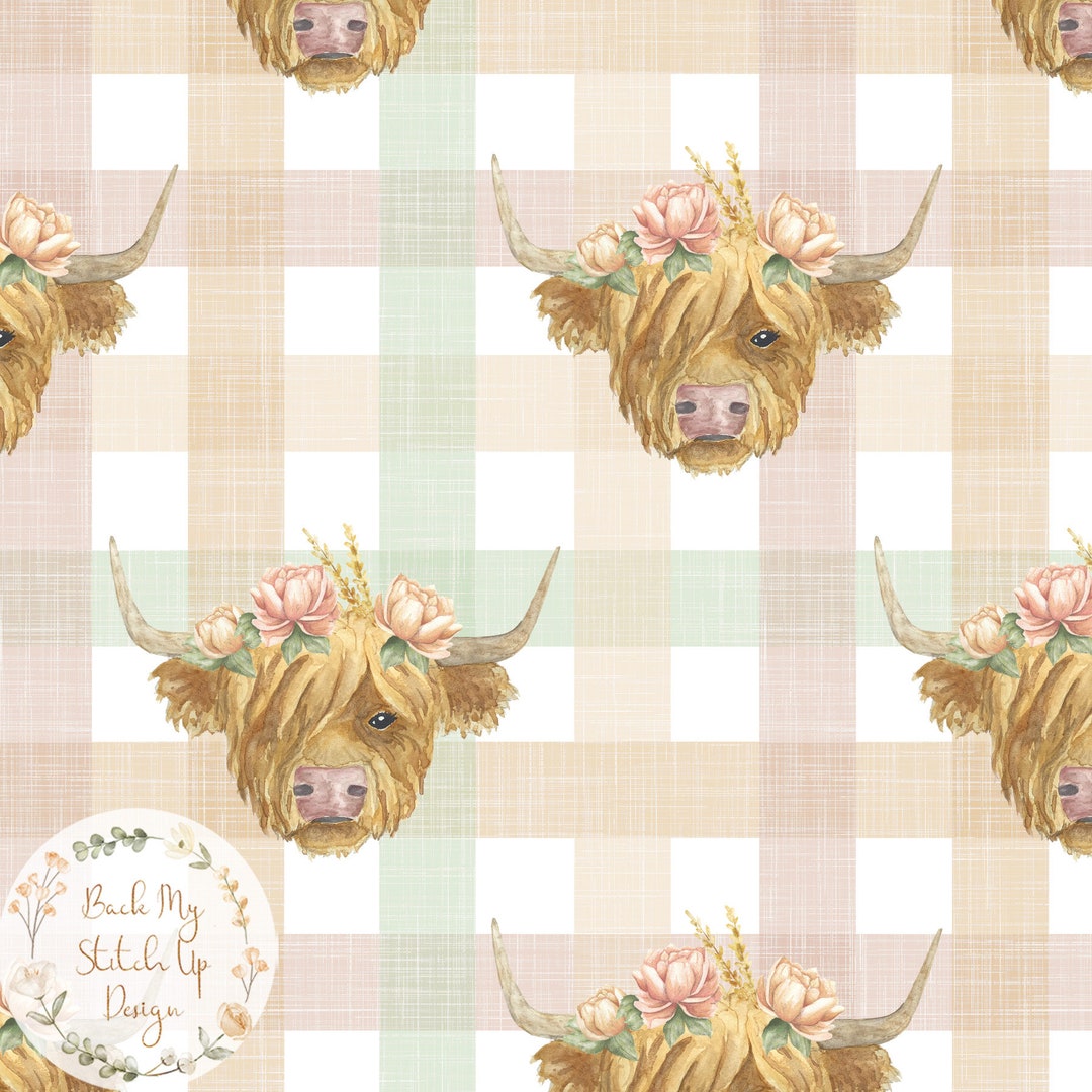 Floral Highland Cow Seamless Pattern on Gingham, Watercolour Surface ...