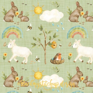 Signs of Spring Fabric design, Lamb Bunny Easter Children's Surface Seamless Pattern, Digital Download, Commercial Licence, Non-Exclusive