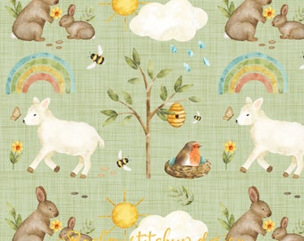 Signs of Spring Fabric design, Lamb Bunny Easter Children's Surface Seamless Pattern, Digital Download, Commercial Licence, Non-Exclusive