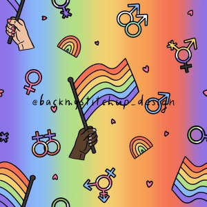 May include: A vibrant, seamless pattern featuring a rainbow gradient background. The design includes rainbow flags, hearts, rainbows, and gender symbols. The image has the text "@backmystitchup_design".