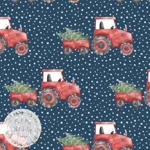 Kerst Tractor naadloos patroon, kerstboom boerderij oppervlakte patroon, rode tractor stof ontwerp, commerciële licentie, digitaal papier