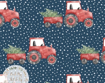Christmas Tractor Seamless Pattern, Christmas Tree Farm Surface Pattern, Red Tractor Fabric design, Commercial Licence, Digital Paper