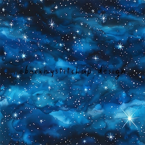 May include: A watercolour painting of a dark blue night sky with white stars of varying sizes. The background is a dark blue with a light blue watercolour wash. The text "@backmystitchup_design" is in the centre of the image.