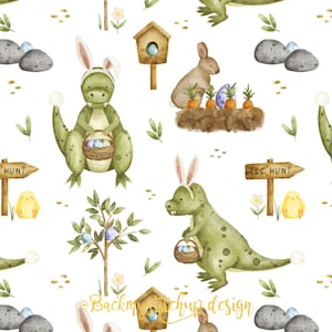 May include: A watercolour illustration featuring a green dinosaur with bunny ears holding a basket of Easter eggs. The dinosaur is surrounded by other Easter-themed elements, including a birdhouse, a bunny rabbit, and a sign that says "Egg Hunt".