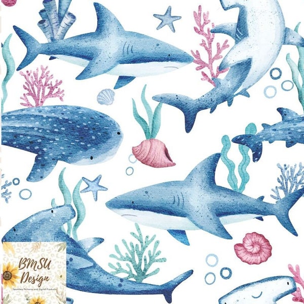 Shark Seamless Pattern, Girly Sea life ocean fabric design, Whale shark seamless file, watercolour shark, Sealife nautical digital paper