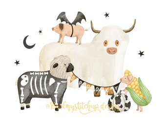 Halloween Farm PNG sublimation file, Ghost Cow Sublimation File, Sheep skeleton digital file for transfers, Cowhide Pumpkin digital Sub