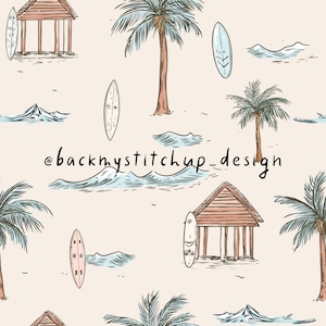 Aquarell Strandhütte und Palme Nahtlose Muster, Surfbrett und Ozean Digitale Datei, Küsten Surfen Stoffdesign auf einem beigen Hintergrund