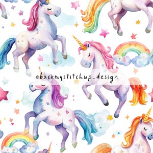 Watercolour Unicorns Seamless Pattern, Cute Unicorn and Rainbow Stars Digital File, Little Pony fabric design for girls | commercial license