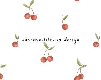 Patrón sin costuras de cereza, archivo digital de cerezas simples, papel digital de fruta de acuarela, licencia comercial no exclusiva de diseño de tela de cereza
