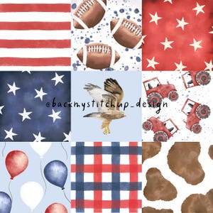 Op de afbeelding: Een digitaal papierpakket met negen verschillende patronen. De patronen omvatten rood-wit-blauwe strepen, sterren en geruite patronen. Er zijn ook patronen met voetballen, tractoren en een havik.